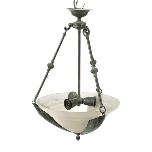 AN ART DECO STYLE VERDIGRIS PATINATED METAL AND FROSTED GLASS HANGING DISH LIGHT