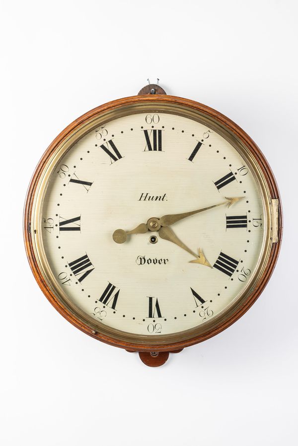 A MAHOGANY CASED LARGE WOODEN DIAL TIMEPIECE