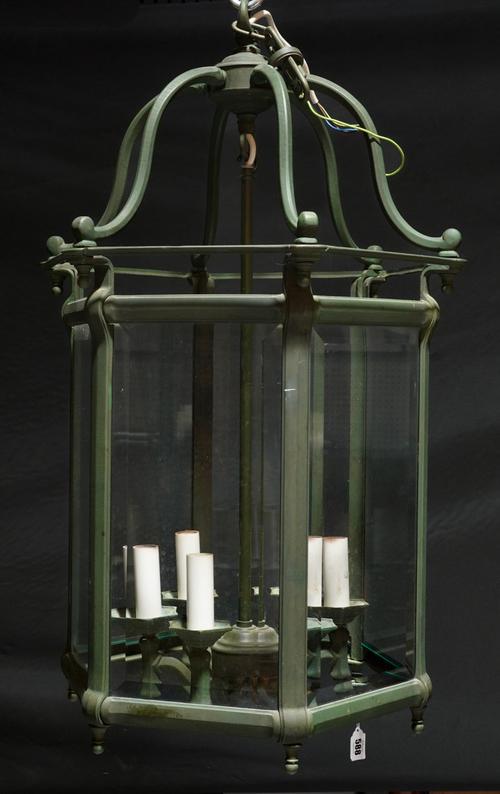 A VERDI GRIS PATINATED HEXAGONAL HALL LANTERN