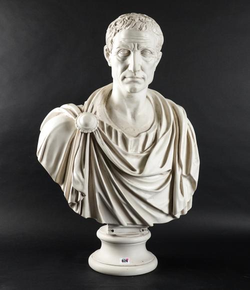 AN ANTHONY REDMILE WHITE COMPOSITE BUST OF THE ROMAN EMPEROR JULIUS CEASAR AFTER THE ANITQUE
