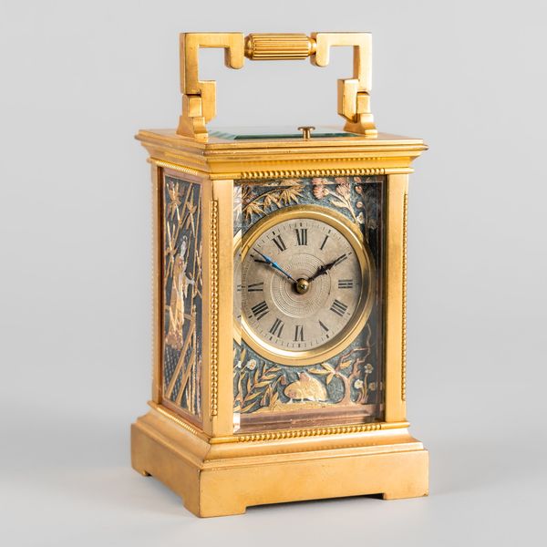 A FRENCH GILT BRASS STRIKING AND REPEATING CHINOISERIE DECORATED CARRIAGE CLOCK