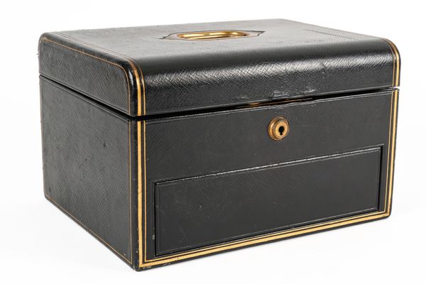 A 19TH CENTURY BLACK MOROCCO LEATHER JEWELLERY BOX