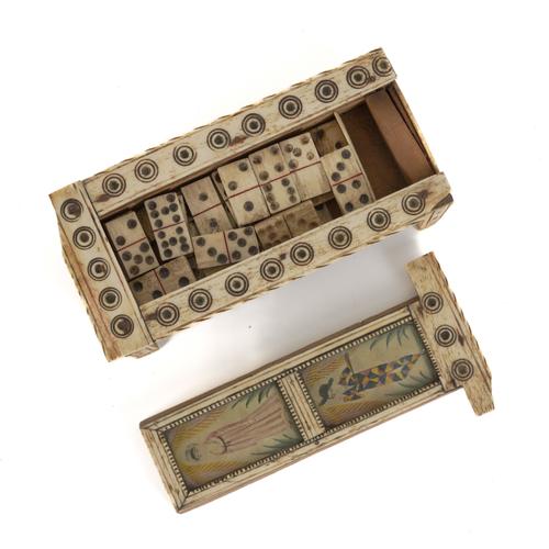 OF FOLK ART INTEREST: A NAPOLEONIC PRISONER OF WAR BONE DOMINOES BOX AND COUNTERS