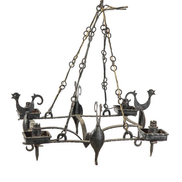 A WROUGHT IRON SQUARE SECTION HANGING LIGHT
