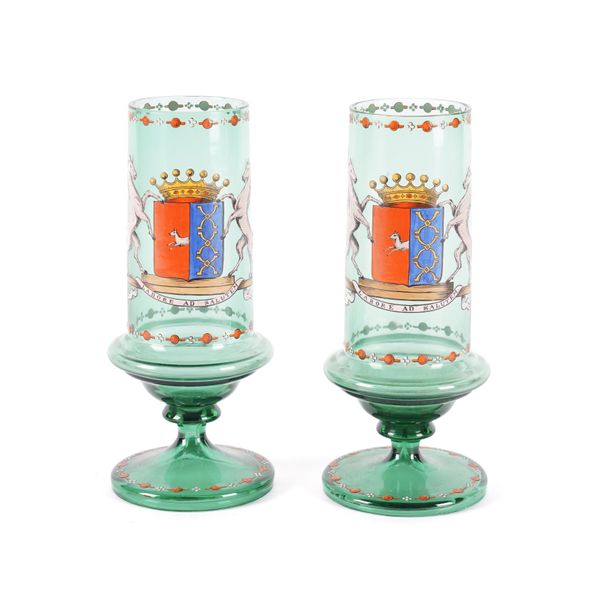 A PAIR OF BOHEMIAN HISTORISMUS GREEN GLASS FOOTED BEAKERS (2)