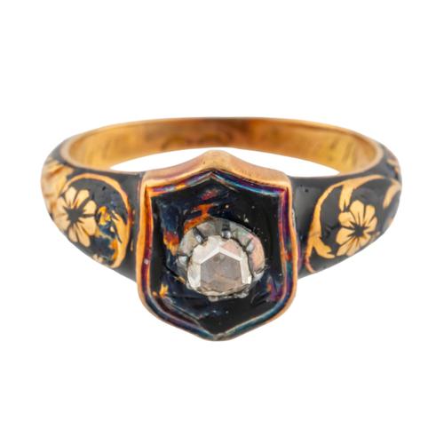 A GOLD AND DIAMOND MOURNING RING (2)