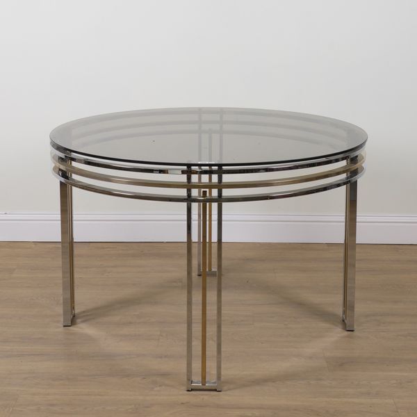 BG DESIGN; A CIRCULAR GLASS TOP CENTRE TABLE ON CHROME AND LACQUERED BRASS BASE