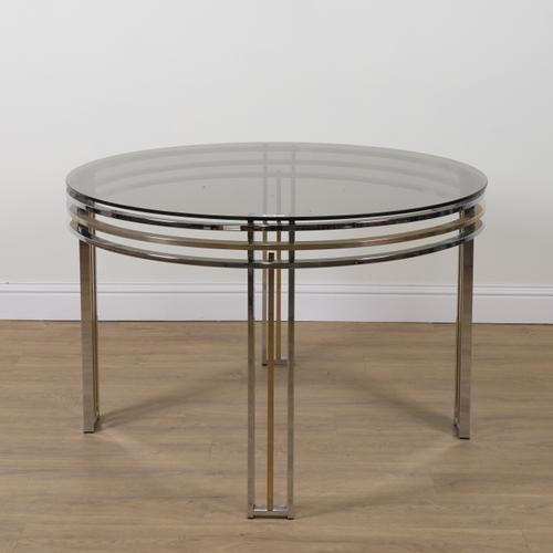 BG DESIGN; A CIRCULAR GLASS TOP CENTRE TABLE ON CHROME AND LACQUERED BRASS BASE