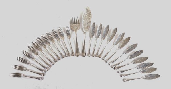 A LATE VICTORIAN SILVER SET OF FISH SERVING AND EATING FLATWARE