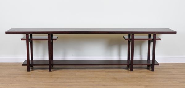 A HARDWOOD RECTANGULAR TWO TIER CONSOLE TABLE