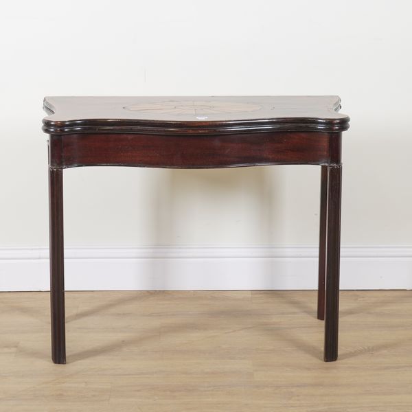 AN 18TH CENTURY INLAID MAHOGANY SERPENTINE FOLDOVER TEA TABLE