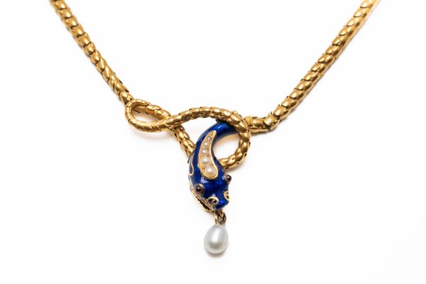 A VICTORIAN GOLD, ENAMELLED AND SEED PEARL SERPENT NECKLACE