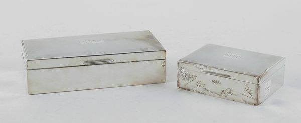 TWO SILVER RECTANGULAR TABLE CIGARETTE BOXES (2)