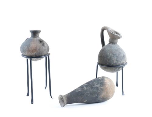 TWO POTTERY MINIATURE AMPHORAE AND A POTTERY VESSEL (3)