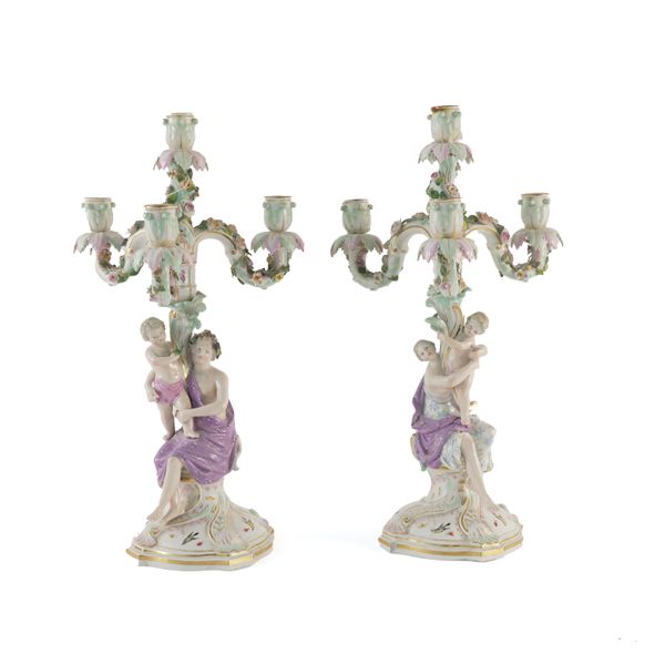 A PAIR OF MEISSEN FOUR-LIGHT CANDELABRA (4)