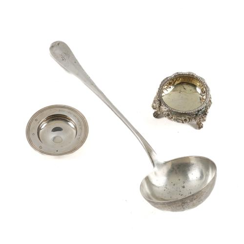 A SILVER SOUP LADLE, A PIN DISH AND A SALT (3)