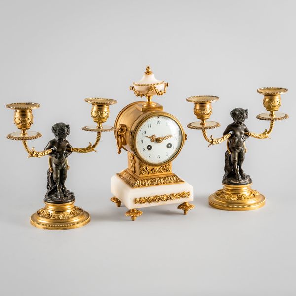 A FRENCH ORMOLU, MARBLE AND BRONZE COMPOSITE GARNITURE