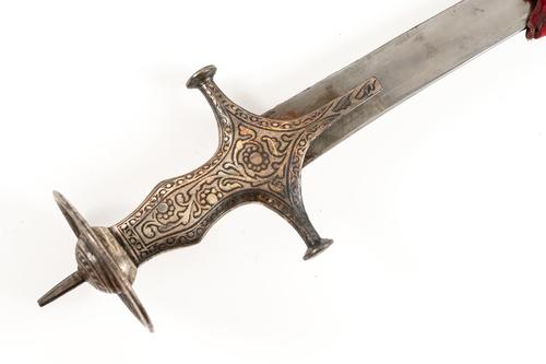 A INDO-PERSIAN SILVER-INLAID TULWAR WITH EMBELLISHED HILT AND SCABBARD
