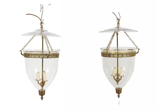 A PAIR OF REGENCY STYLE GILT-METAL MOUNTED GLASS HANGING STORM LANTERNS (2)
