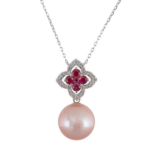 A PEARL, RUBY AND DIAMOND PENDANT NECKLACE (2)