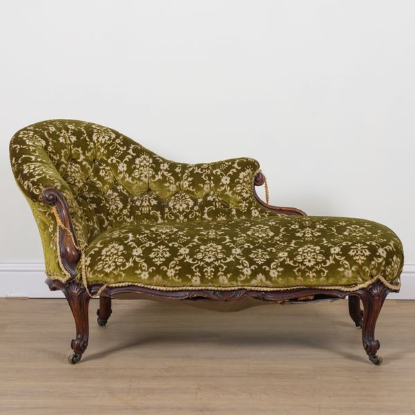 A VICTORIAN WALNUT FRAMED SMALL CHAISE LONGUE