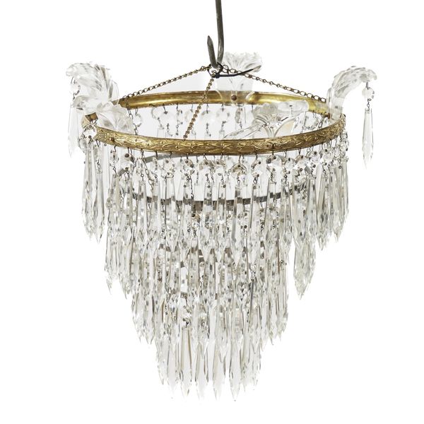 A PAIR OF ITALIAN GILT-METAL AND TIERED GLASS PENDANT HANGING LIGHTS AND FOUR OTHERS (6)