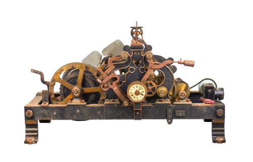 A LARGE FRENCH PARCEL-GILT BLACK-PAINTED CAST-IRON TURRET CLOCK, ANOTHER SMALLER TIMEPIECE AND A QUANTITY OF TURRET CLOCK PARTS