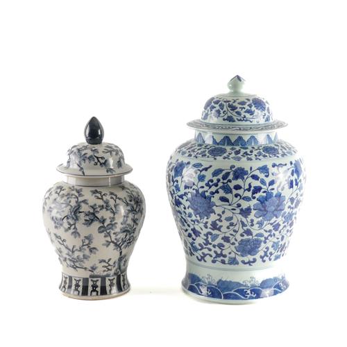 A GROUP OF FIVE LARGE MODERN CERAMIC DECORATIVE VASES INCLUDING TWO GINGER JARS WITH COVERS