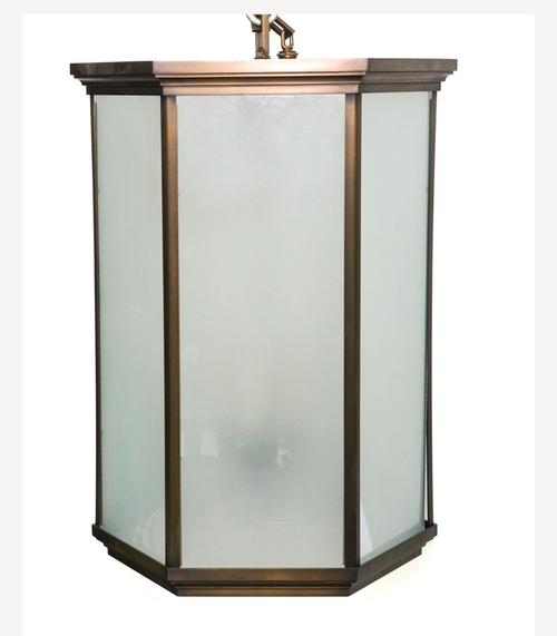 A LARGE BRONZE PATINATED METAL HEXAGONAL HALL LANTERN