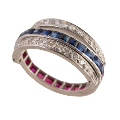 A DIAMOND, SAPPHIRE AND RUBY DAY AND NIGHT RING