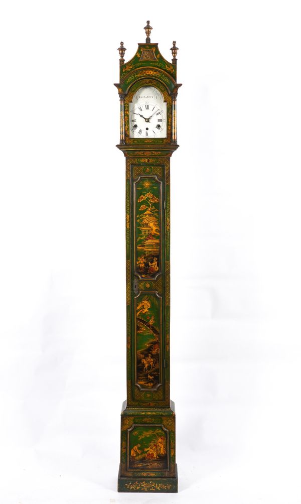 A PARCEL-GILT GREEN LACQUER CHINOISERIE DECORATED QUARTER CHIMING LONGCASE CLOCK