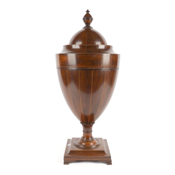 A GEORGE III MAHOGANY CHEQUER LINE INLAID URN SHAPED KNIFE BOX