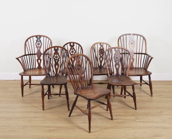 SEVEN VARIOUS 19TH CENTURY WHEEL AND BULLSEYE BACK ELM SEATED WINDSOR CHAIRS (7)