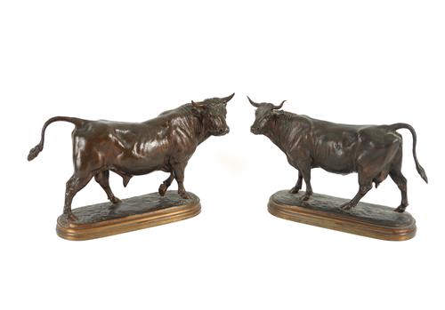 ISIDORE BONHEUR (FRENCH, 1827-1901): A MATCHED PAIR OF BRONZE MODELS OF A STANDING BULL AND A COW
