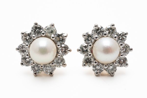 A PAIR OF PEARL AND DIAMOND STUDS (3)