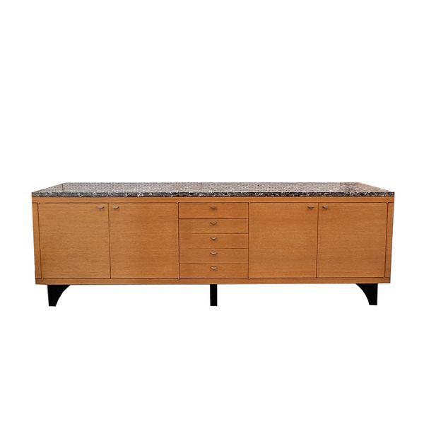A LARGE MODERN MARBLE TOPPED OAK SIDE CABINET