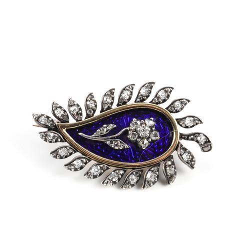 A GOLD BACKED AND SILVER SET BLUE ENAMELLED AND DIAMOND BROOCH