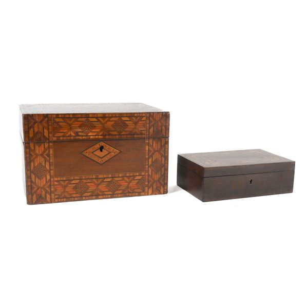 A VICTORIAN TUNBRIDGE WARE GEOMETRIC INLAID WALNUT JEWELLERY BOX AND ANOTHER (2)