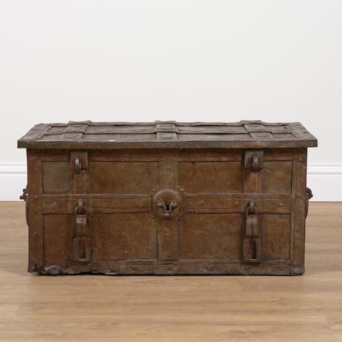 AN 18TH CENTURY AND LATER GOLD PAINTED IRON ARMADA STYLE TRUNK