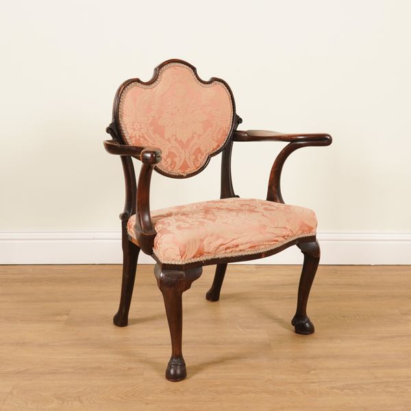 A 19TH CENTURY DUTCH WALNUT FRAMED SHIELD BACK OPEN ARMCHAIR