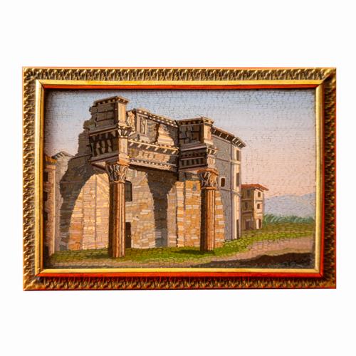 OF GRAND TOUR INTEREST: AN ITALIAN GILT-BRASS MOUNTED MICRO MOSAIC PLAQUE