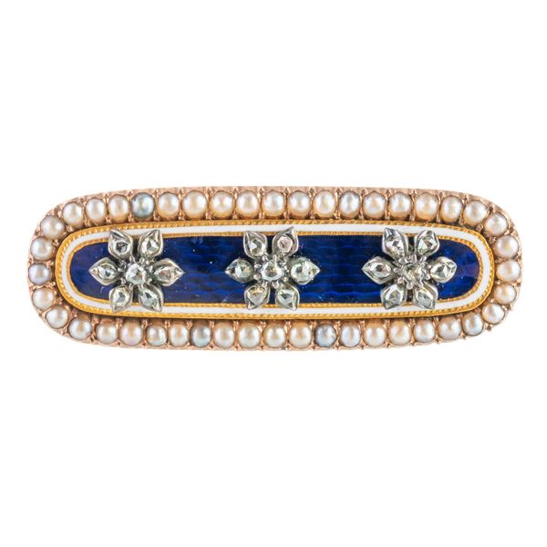 A PEARL, ENAMEL AND DIAMOND BROOCH