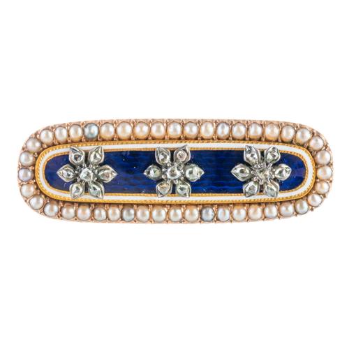 A PEARL, ENAMEL AND DIAMOND BROOCH