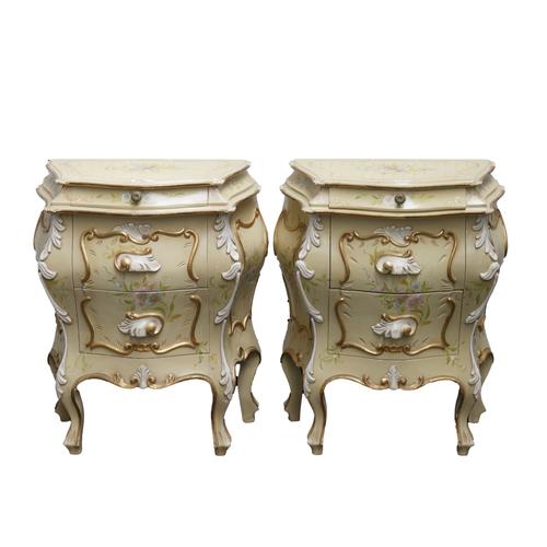 A PAIR OF MODERN POLYCHROME PAINTED THREE DRAWER BEDSIDE CHESTS (2)