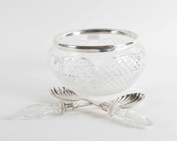 A SILVER MOUNTED FACETED GLASS SALAD BOWL AND A PAIR OF VICTORIAN SILVER MOUNTED FACETED GLASS SALAD SERVERS (3)