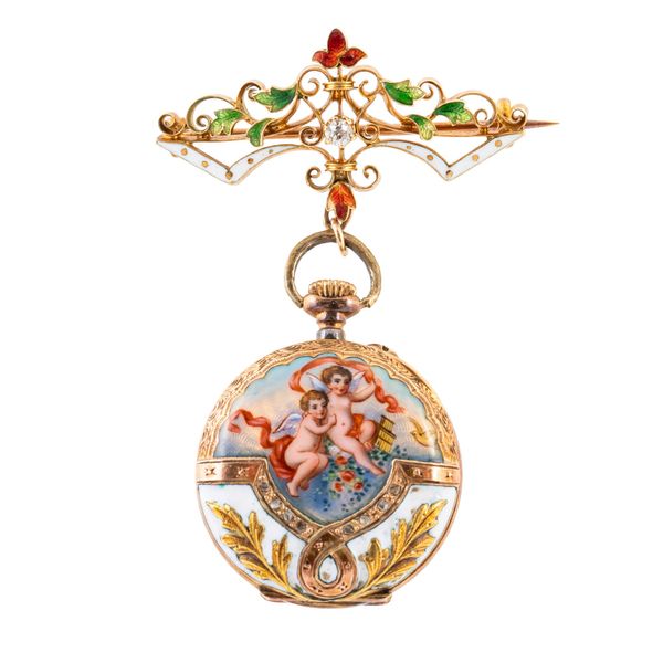 AN ENAMEL AND INLAID FOB WATCH BROOCH