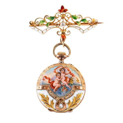 AN ENAMEL AND INLAID FOB WATCH BROOCH