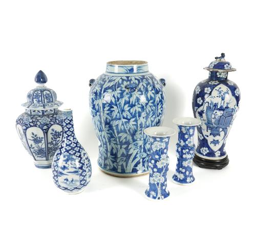A GROUP SIX CHINESE BLUE AND WHITE PORCELAIN VASES INCLUDING A PAIR OF PRUNUS BLOSSOM VASES (6)