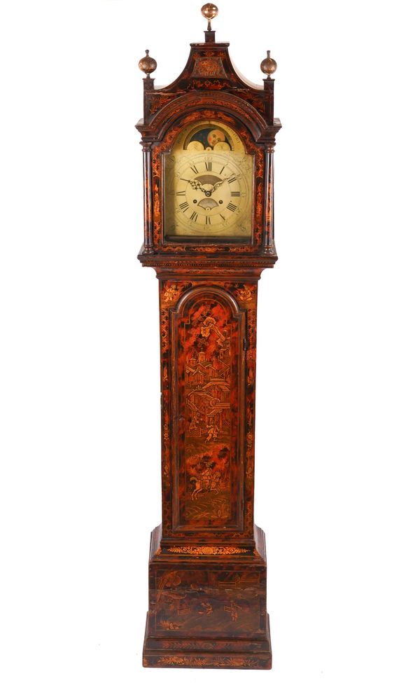 A LATE GEORGE II/EARLY GEORGE III PARCEL-GILT, RED LACQUER TO IMITATE TORTOISESHELL AND CHINOISERIE DECORATED LONGCASE CLOCK