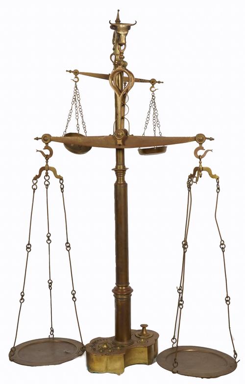 A SET OF PORTUGUESE BRASS BUTCHER'S FLOOR-STANDING SCALES AND WEIGHTS